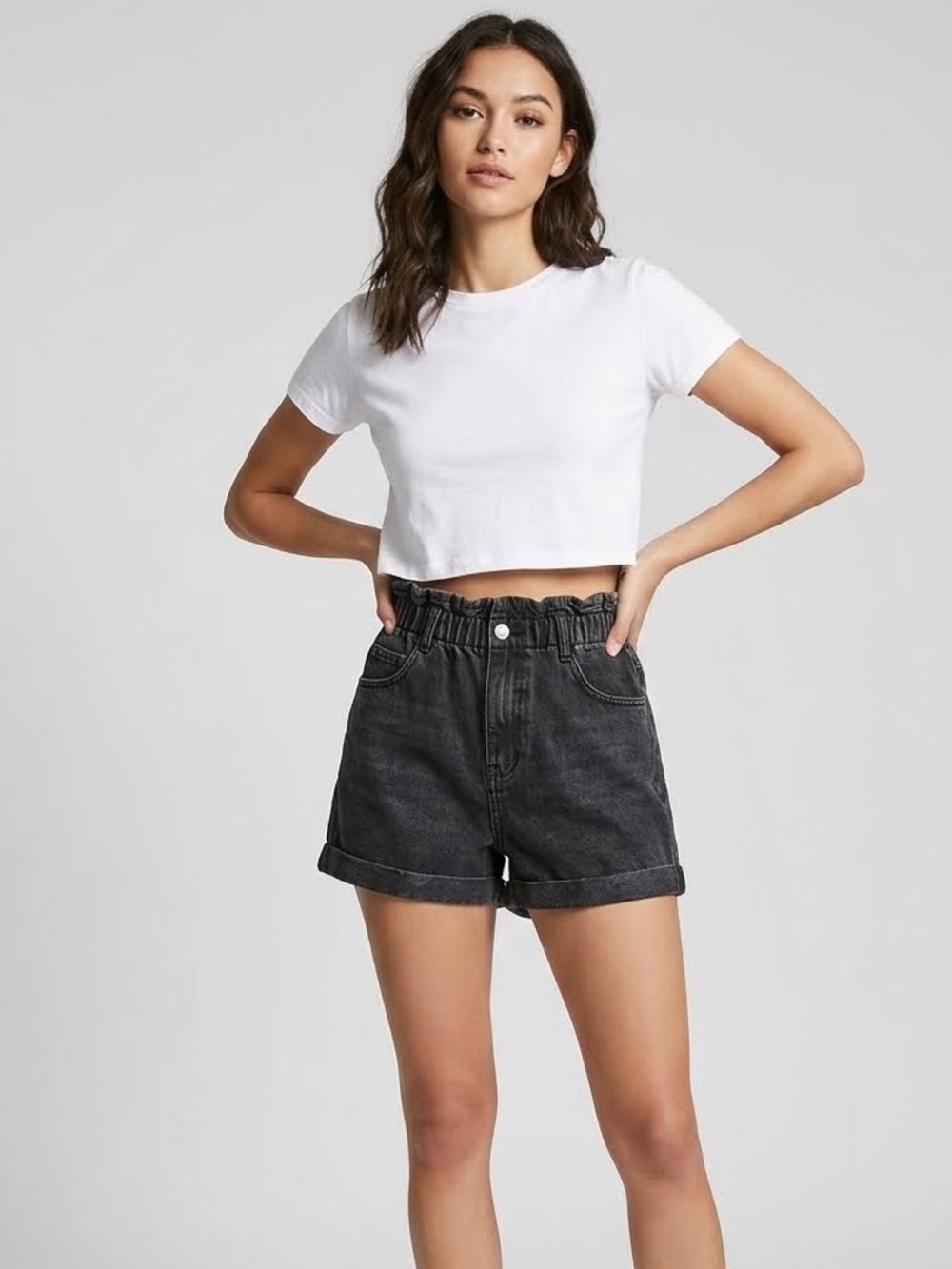 Forever 21 High-Waist Black Paperbag Denim Shorts